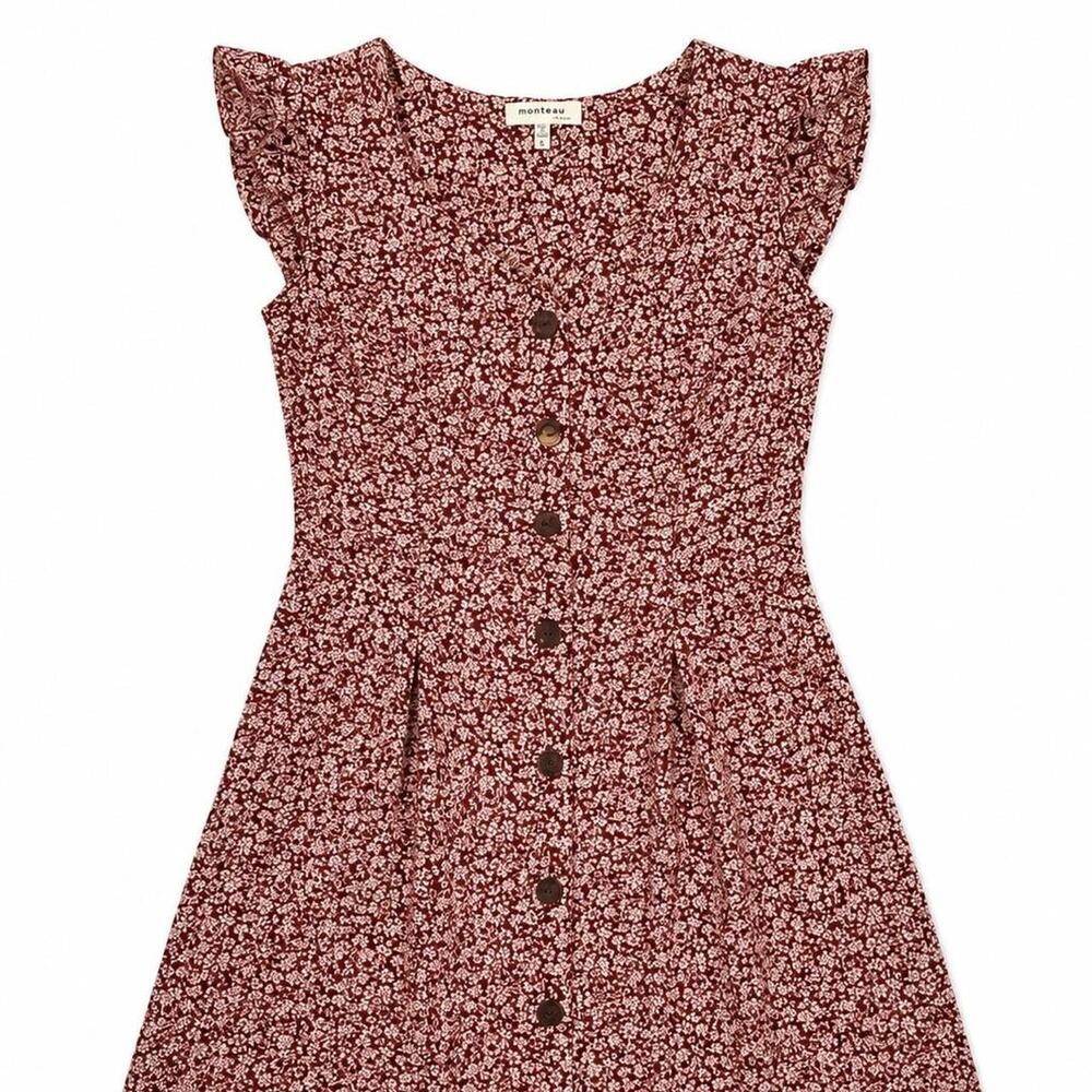 Monteau Brown Floral Mini Dress Flutter Sleeve Cottagecore Button Front Small - Picture 2 of 5